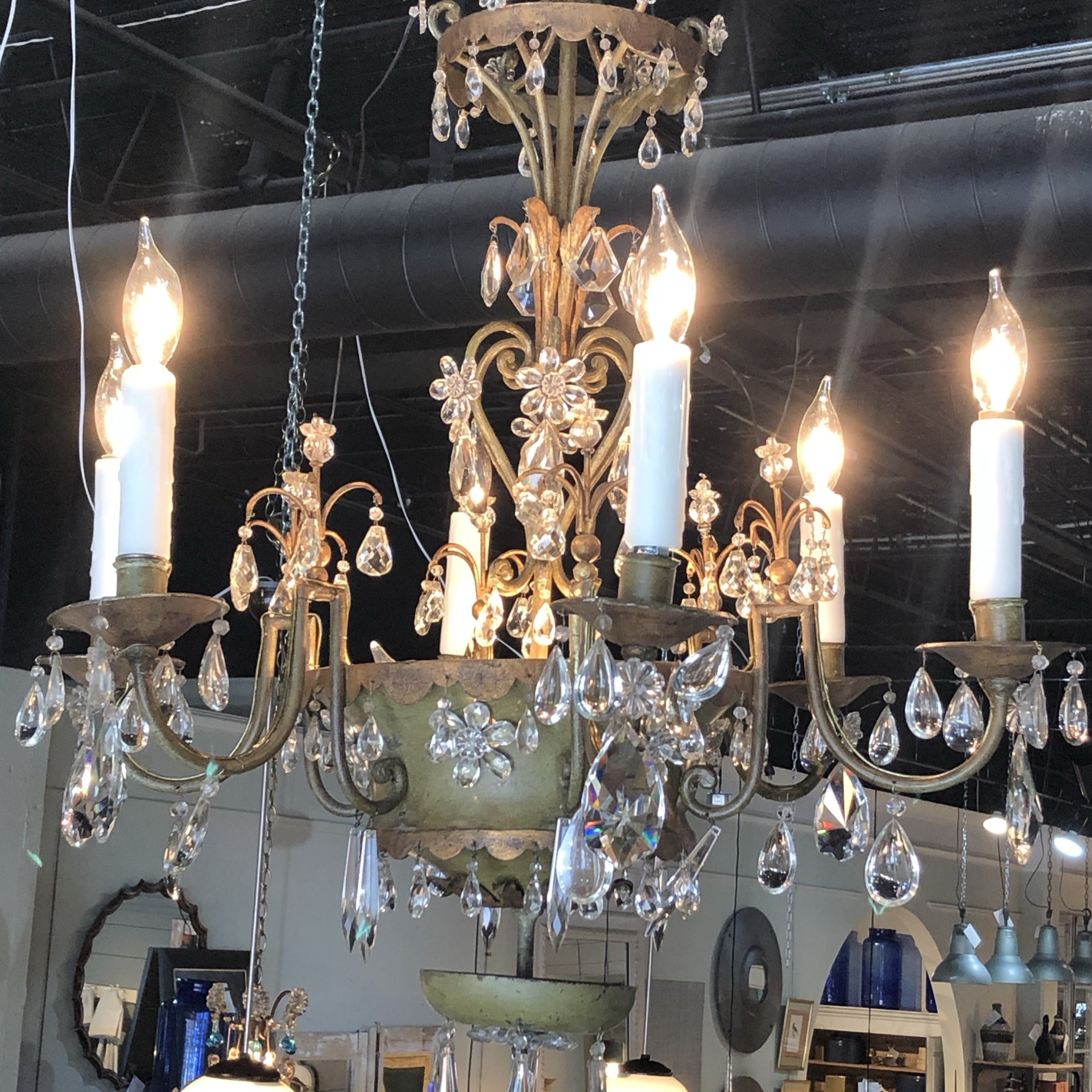 Crystal and Tole Paint with Gild Chandelier